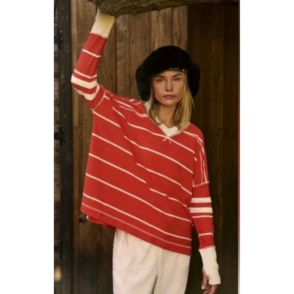 Free People Tops - SMALL Free People All Star Orange Stripe Long Sleeve Jersey Knit Oversized Top